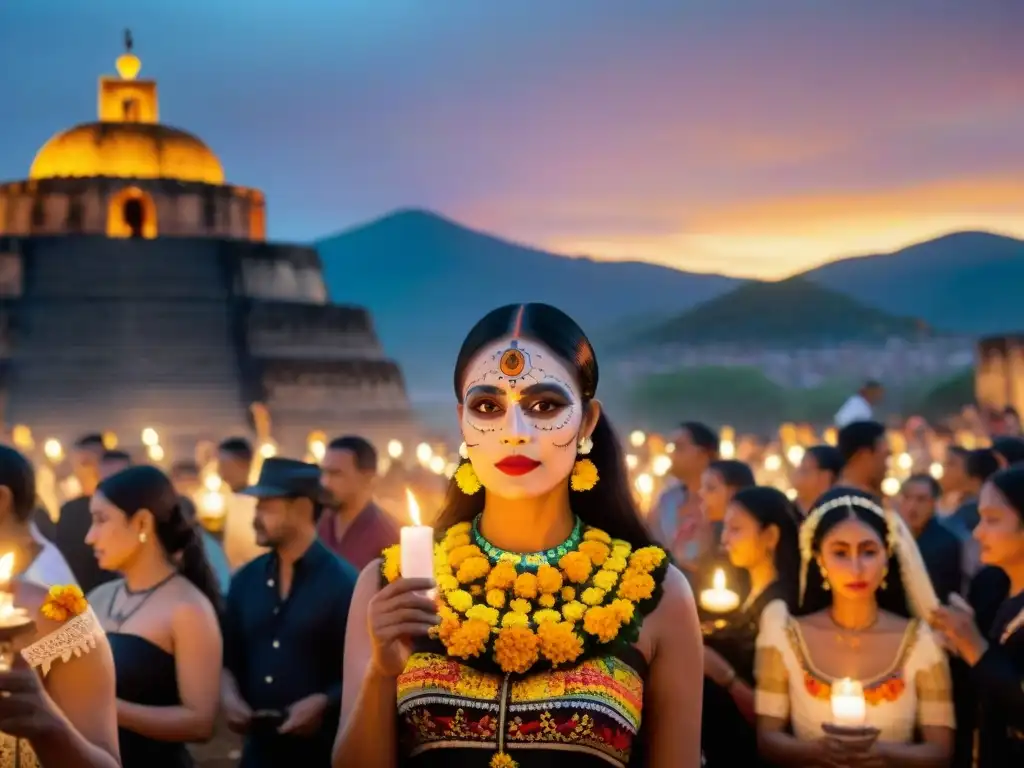 Una vibrante Ceremonia Día de Muertos Indígena en Oaxaca, México: atuendos tradicionales, maquillaje colorido y ofrendas decoradas