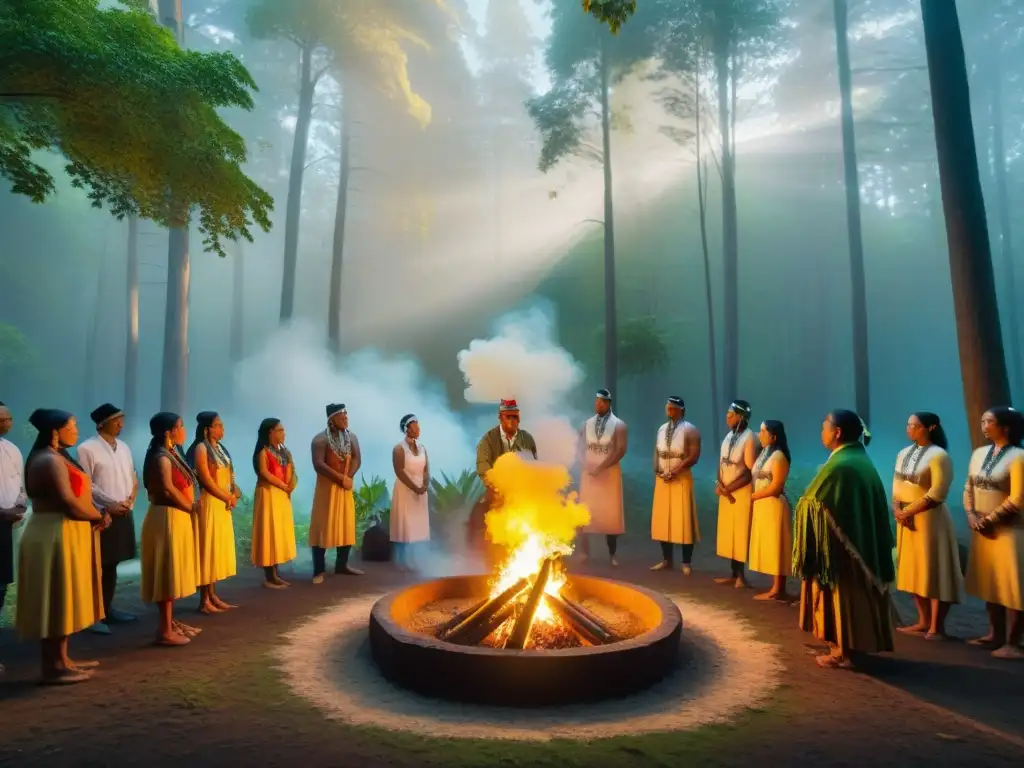 Una vibrante ceremonia indígena en el bosque: plumas coloridas, rostros expresivos y rituales sagrados