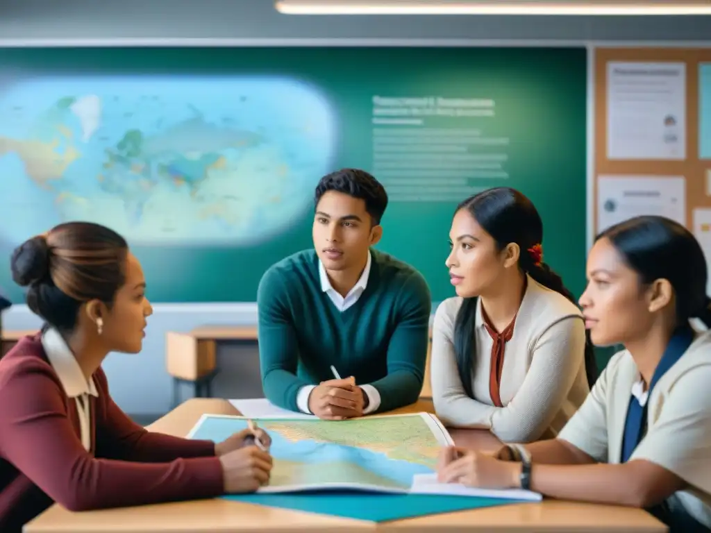 Una vibrante clase sobre derechos indígenas, con estudiantes comprometidos y un ambiente educativo inmersivo