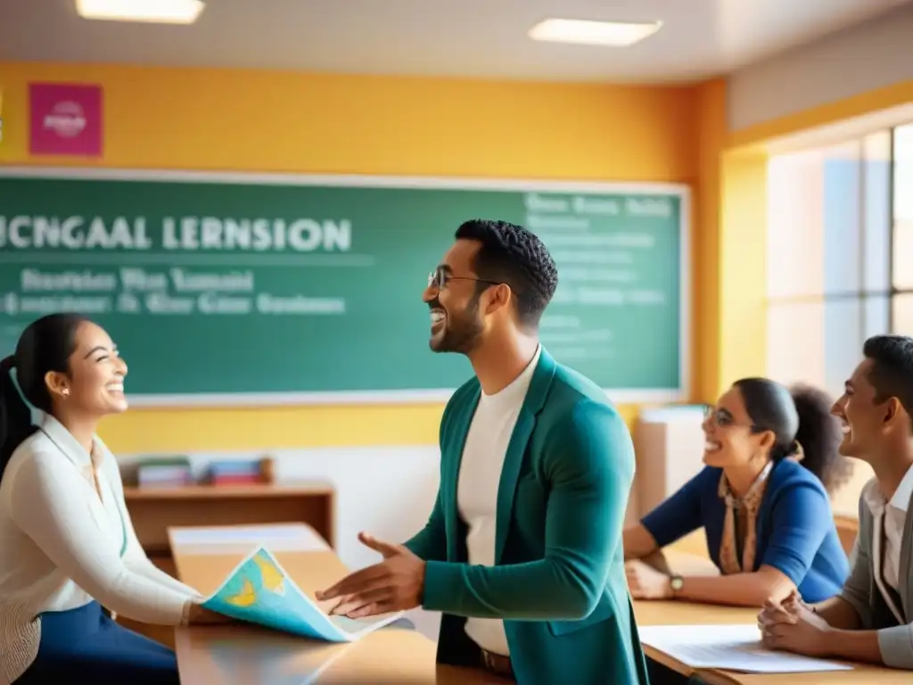 Vibrante clase de educación bilingüe en América Latina con estudiantes diversos participando activamente en lección bilingüe