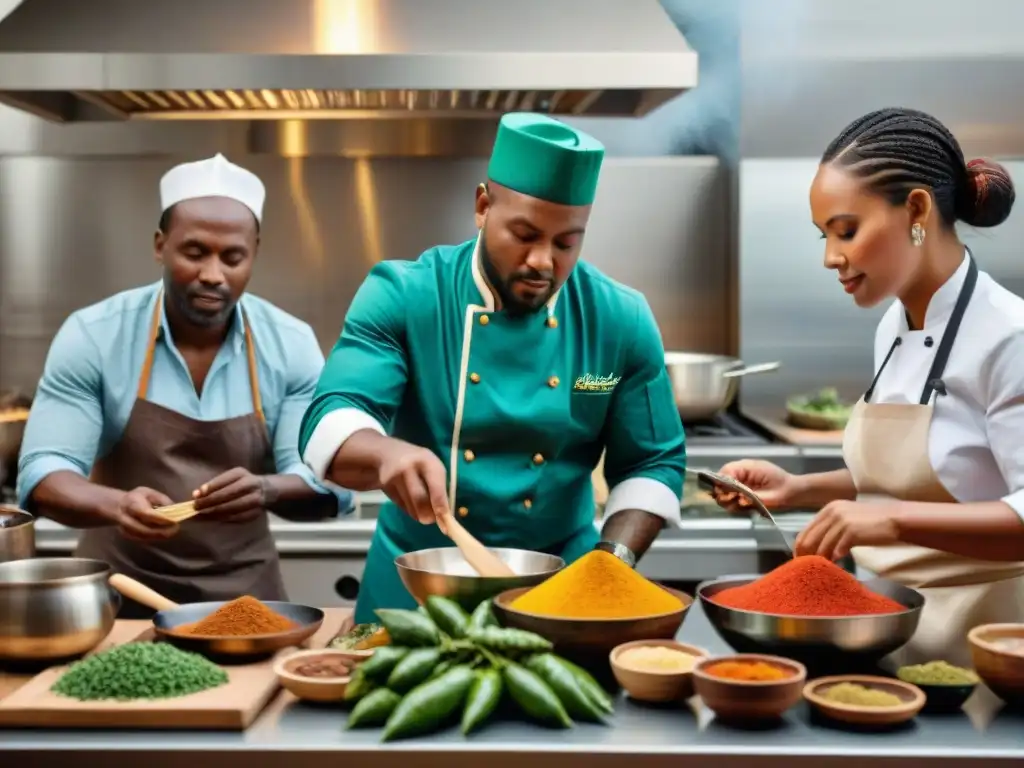 Una vibrante cocina donde chefs indígenas y africanos colaboran, celebrando la influencia africana en cocina indígena