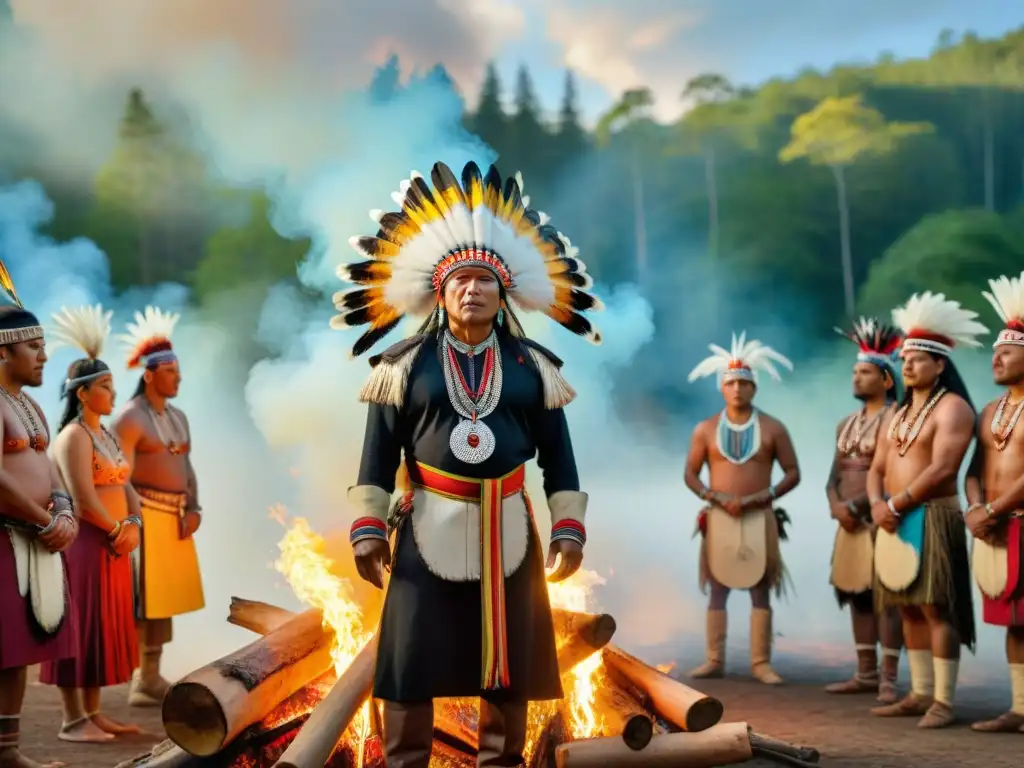 Celebración vibrante de comunidad indígena en danza ceremonial alrededor de la fogata al atardecer en la selva