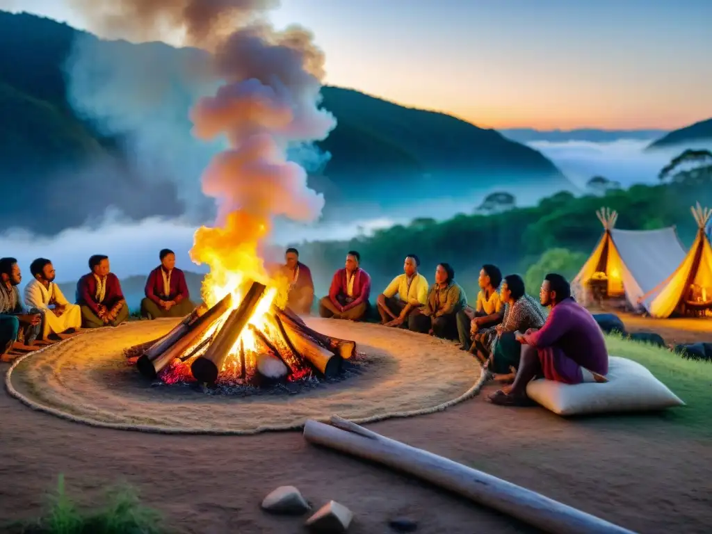 Vibrante comunidad indígena reúne alrededor de fogata al atardecer, en escena de turismo comunitario en culturas indígenas