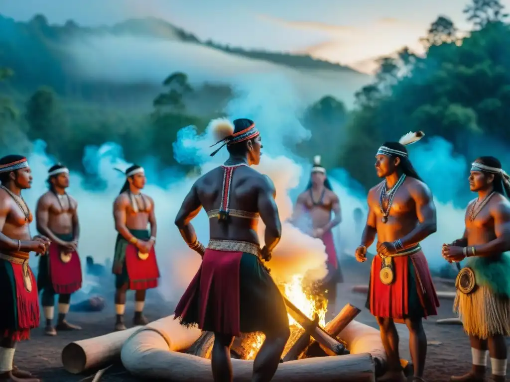 Una vibrante comunidad indígena bailando alrededor del fuego bajo un cielo estrellado en la selva