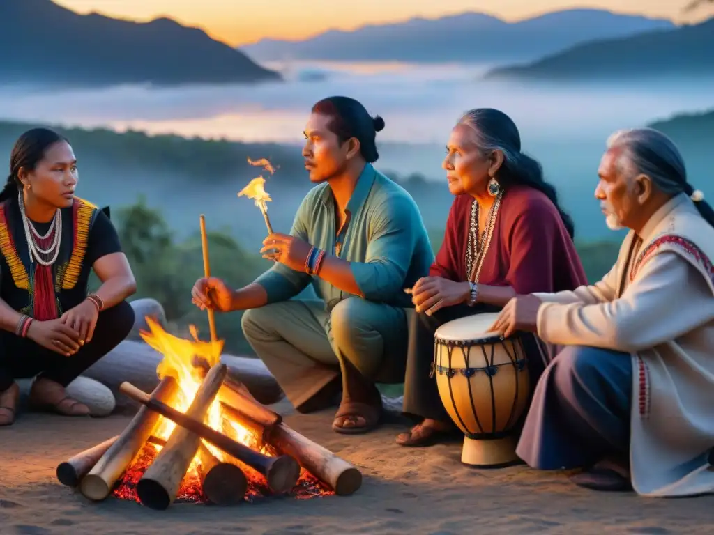 Una vibrante comunidad indígena se reúne alrededor de una hoguera al anochecer, tocando instrumentos tradicionales