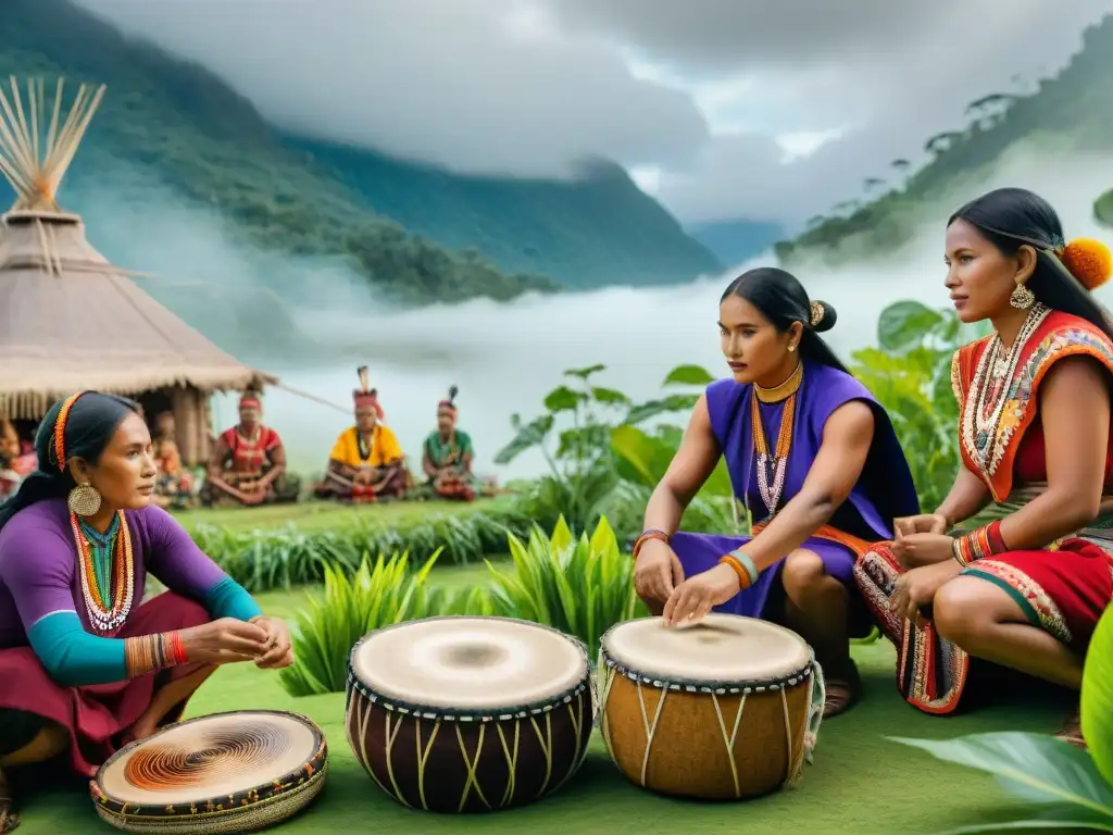 Vibrante comunidad indígena tejiendo y bailando en la naturaleza