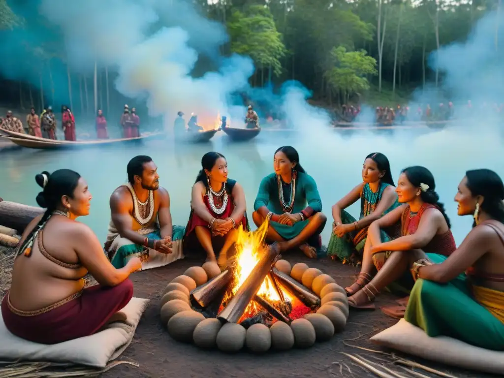 Vibrante comunidad indígena en residencia artística alrededor de fogata en el bosque