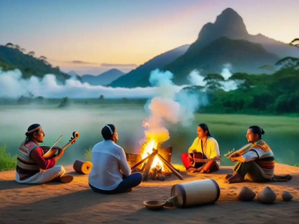 Una vibrante comunidad indígena reunida alrededor de una fogata al atardecer, tocando instrumentos tradicionales y vistiendo trajes coloridos, en un escenario de selva verde, iluminados por el resplandor del fuego