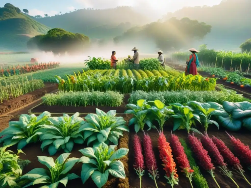 Una vibrante comunidad indígena cuida con reverencia una huerta llena de agrobiodiversidad