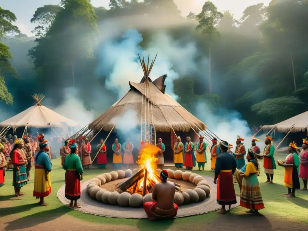 Una vibrante comunidad indígena se reúne en la selva, vistiendo atuendos coloridos y danzando alrededor de una fogata