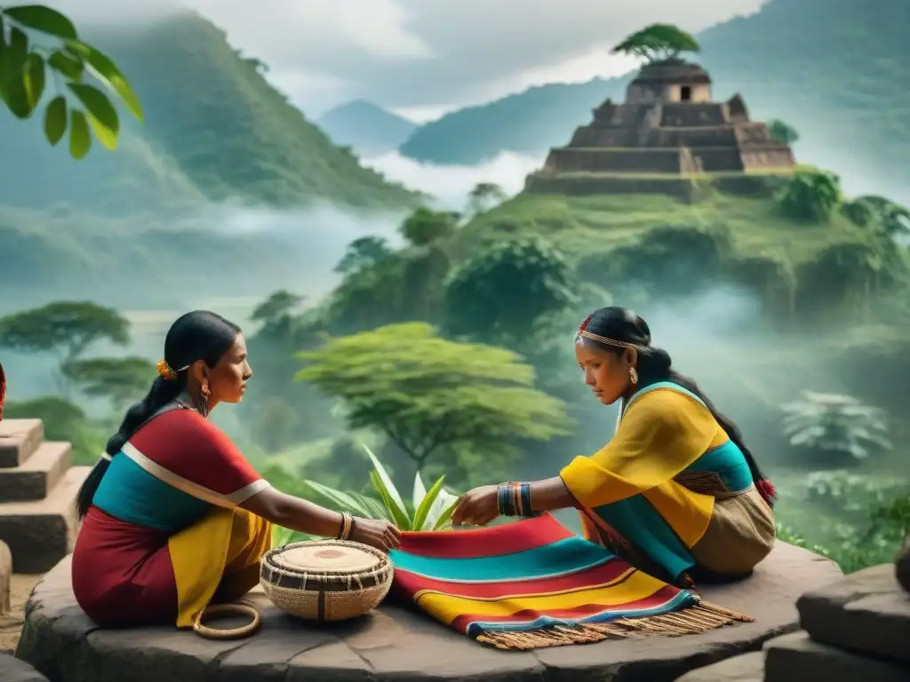 Una vibrante comunidad indígena tejiendo textiles, tocando instrumentos y bailando en ceremonia, rodeada de naturaleza y ruinas antiguas