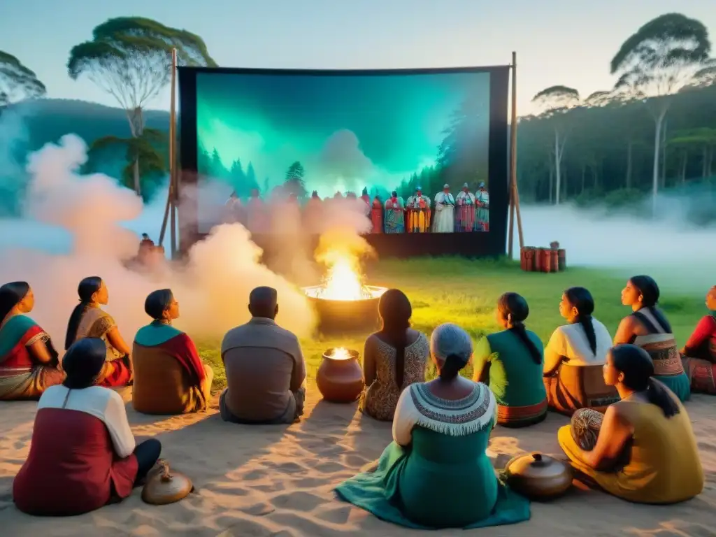 La vibrante comunidad indígena se reúne en torno a una pantalla de cine al aire libre, disfrutando de una película que celebra su cultura y lengua