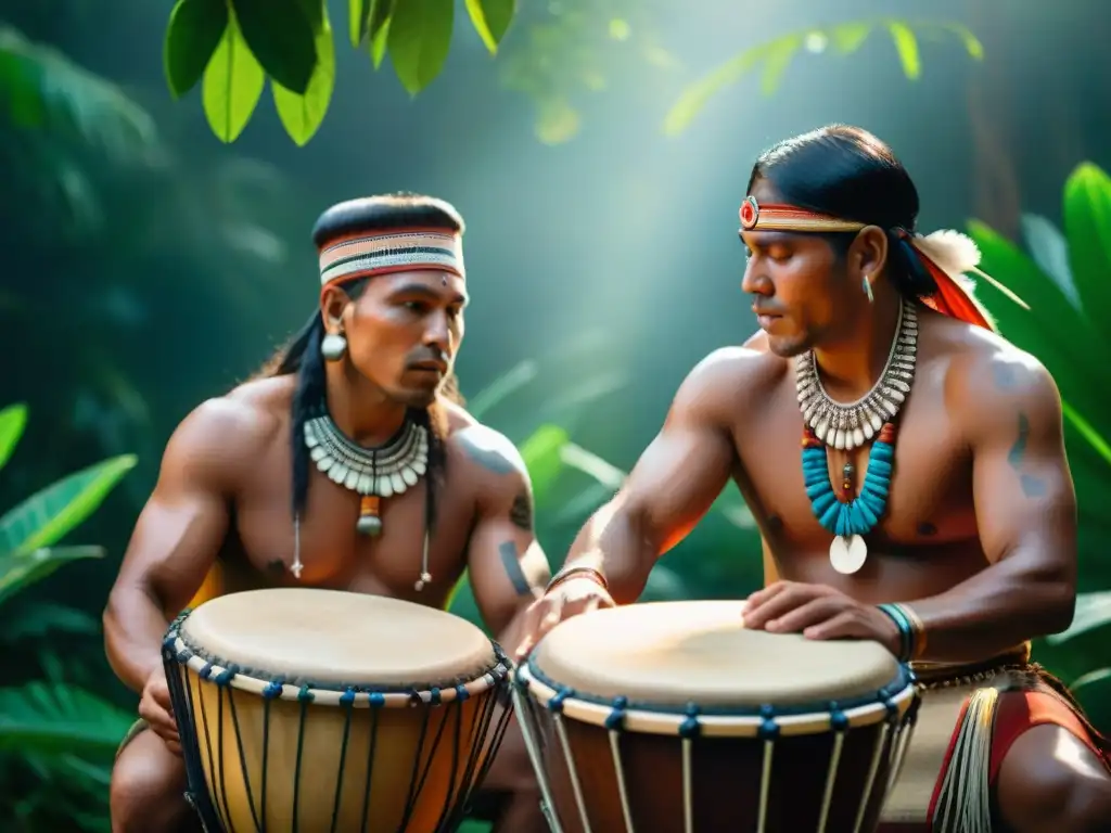 Un vibrante cuadro de músicos indígenas tocando sus percusiones emblemáticas, resaltando la diversidad cultural