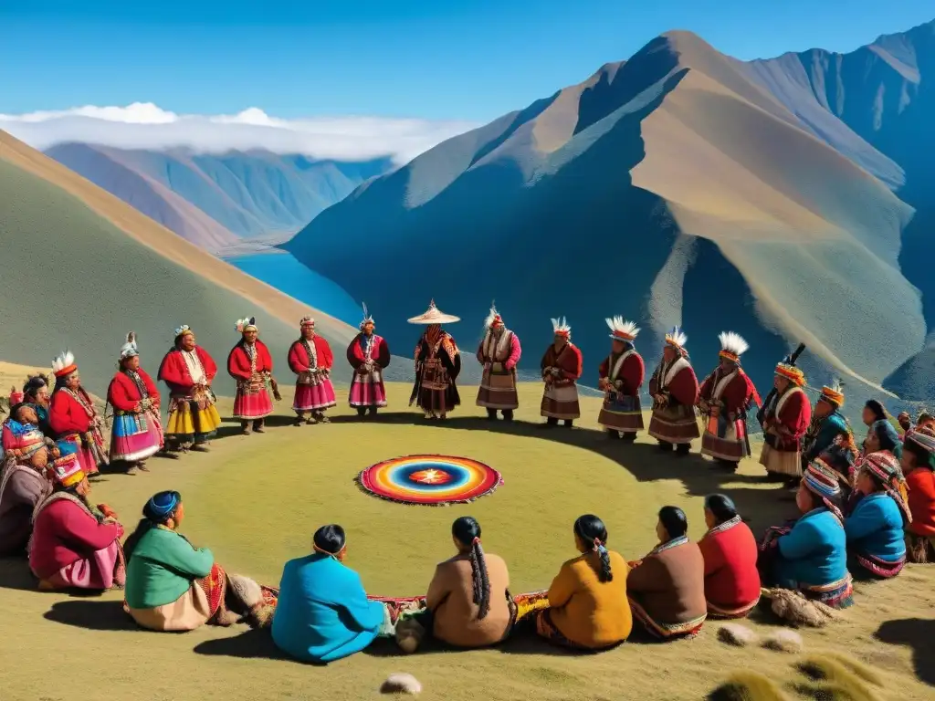 Celebración vibrante de la cultura indígena Tinku en los Andes bolivianos, con danza ritual y vestimenta colorida