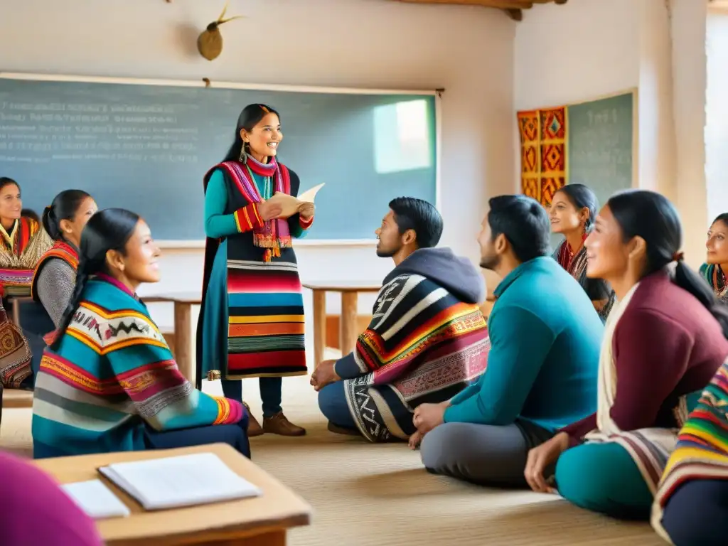 Un vibrante curso de introducción al quechua: estudiantes diversos aprenden con entusiasmo en aula colorida y luminosa