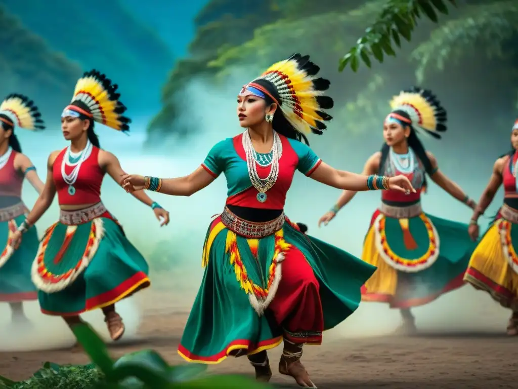 Intenso salto de danza indígena en la naturaleza Vibrante danza indígena como expresión cultural: bailarines saltando con pasión y raíces ancestrales en trajes coloridos