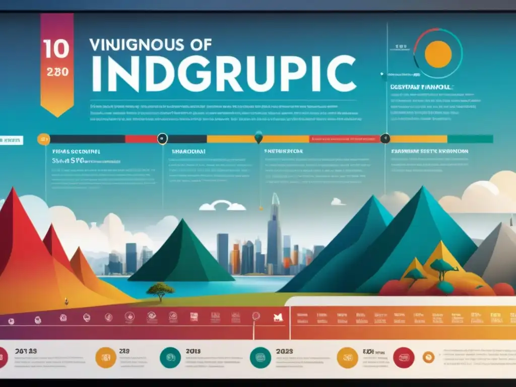 Infografía vibrante sobre derechos de pueblos indígenas, con ilustraciones coloridas y datos sobre la tierra, en pantalla digital