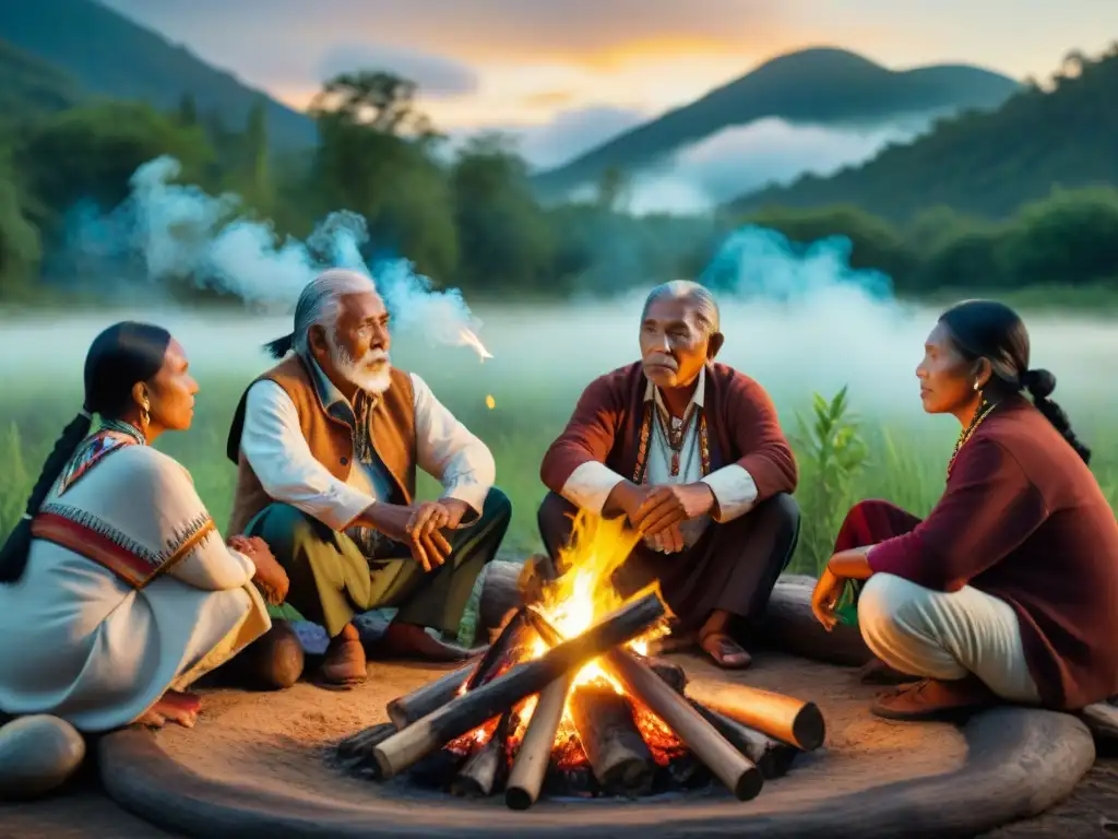 Vibrante escena de ancianos y niños indígenas alrededor de fogata, contando cuentos tradicionales bajo cielo estrellado