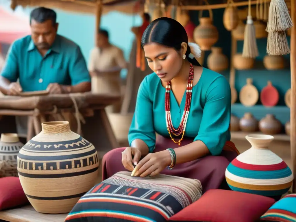 Vibrante escena de artesanos indígenas creando productos en un mercado, fusionando tradición y comercio electrónico artesanos indígenas