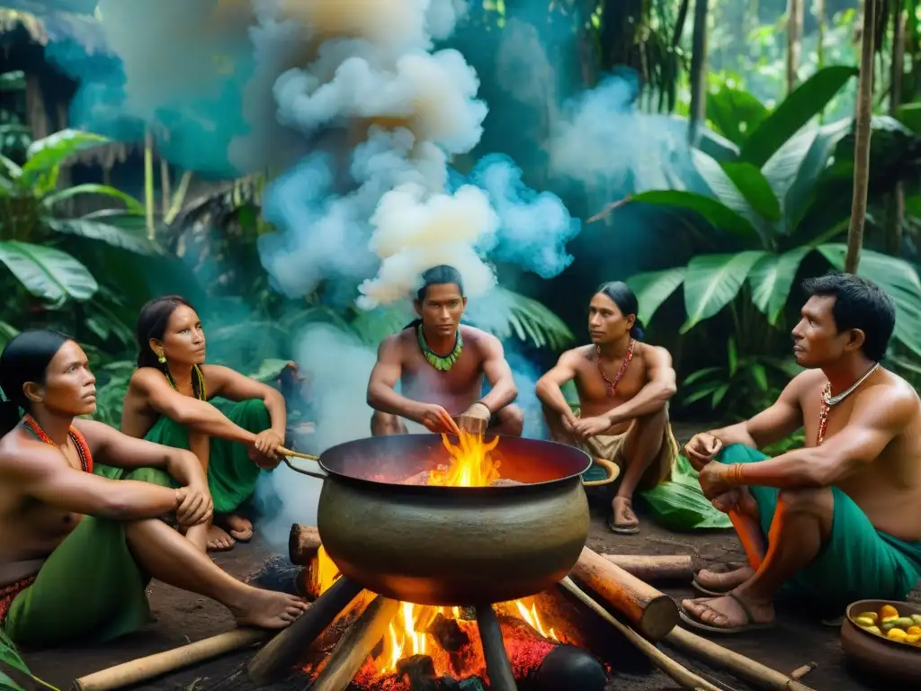 Vibrante escena de cocina amazónica indígena en la selva: Sabores únicos y tradiciones ancestrales se entrelazan en torno a una olla comunal decorada