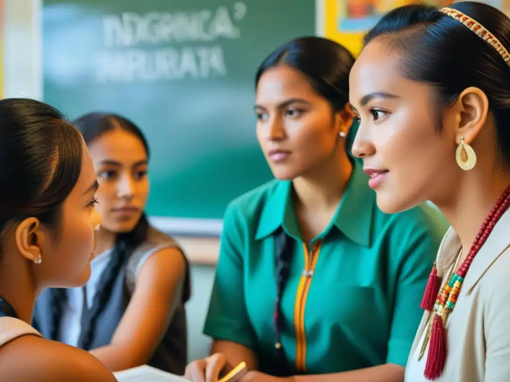 Una vibrante escena de estudiantes indígenas compartiendo experiencias en educación bilingüe