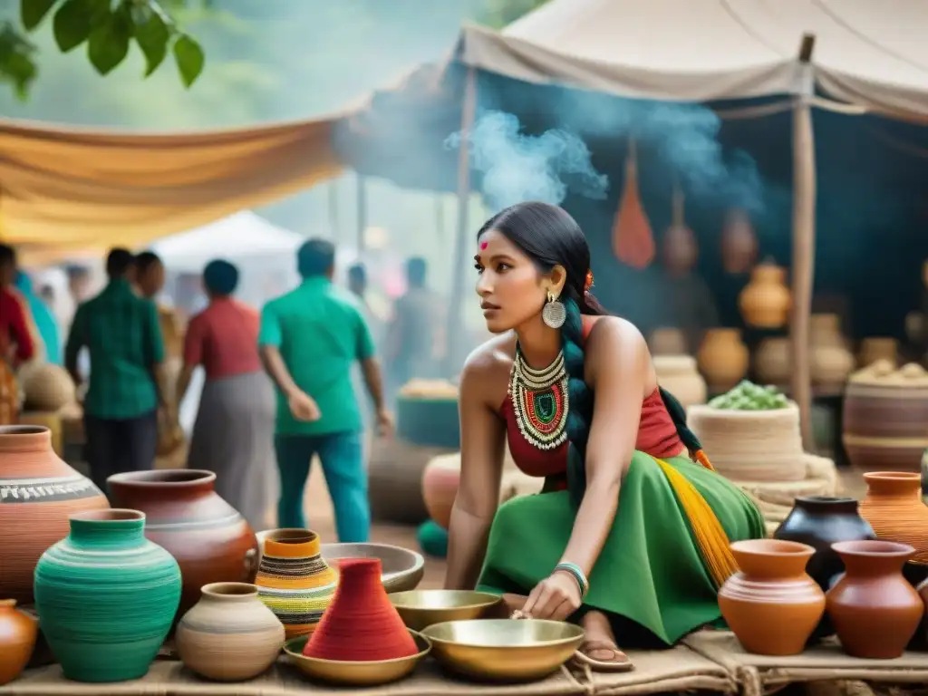 Una vibrante escena de mercado donde artistas indígenas exhiben su arte tradicional