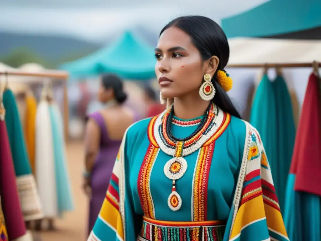 Vibrante escena de mercado indígena con moda tradicional y colorida, mostrando la riqueza cultural