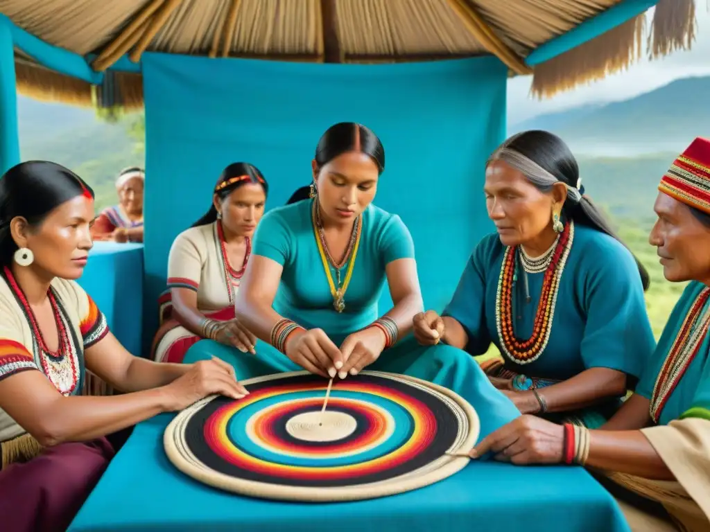 Vibrante escena de turismo comunitario en una aldea indígena de Latinoamérica, destacando la preservación de culturas