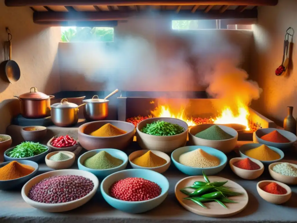 Un vibrante escenario de cocina indígena con chiles coloridos y sabrosas salsas, celebrando la cultura gastronómica picante