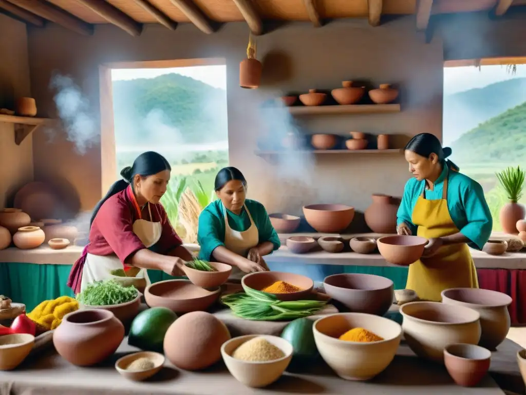 Un vibrante escenario de cocina indígena sostenible en las Américas, con chefs preparando ingredientes locales de forma tradicional