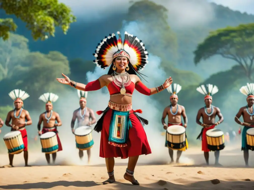 Un vibrante escenario cultural con danzas y música en culturas indígenas, lleno de color y tradición bajo el cielo abierto