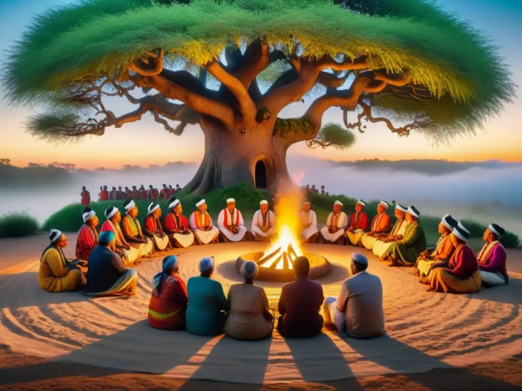 Un vibrante evento comunitario en una cultura indígena con danzas ceremoniales bajo un árbol ancestral al atardecer