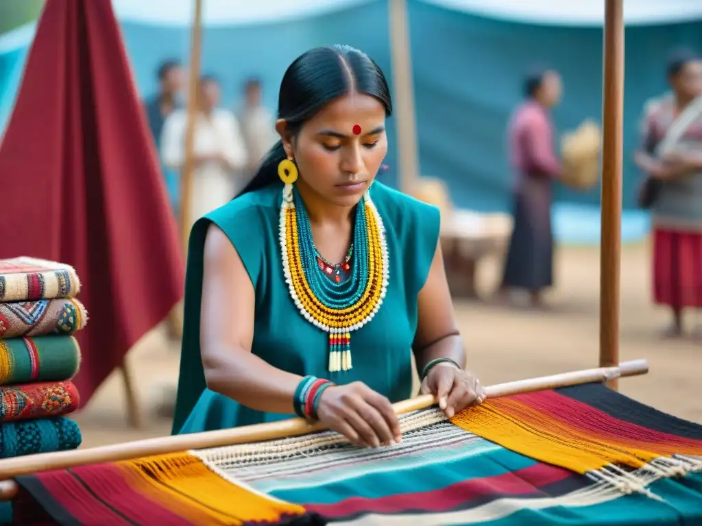 Vibrante feria textil indígena, con artesanos tejedores mostrando tradiciones y técnicas