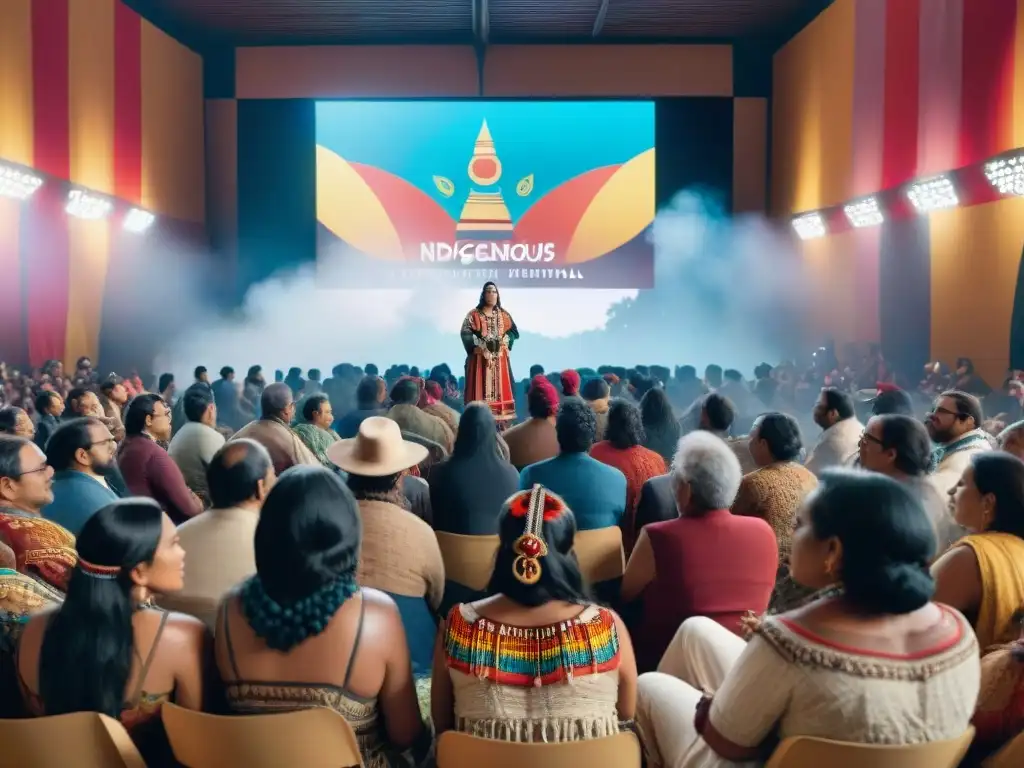 Festival de Cine Indígena: Arte, Cultura y Comunidad Un vibrante festival de cine indígena: cineastas conversando, audiencia diversa, colorida decoración y arte, pantalla con película impactante