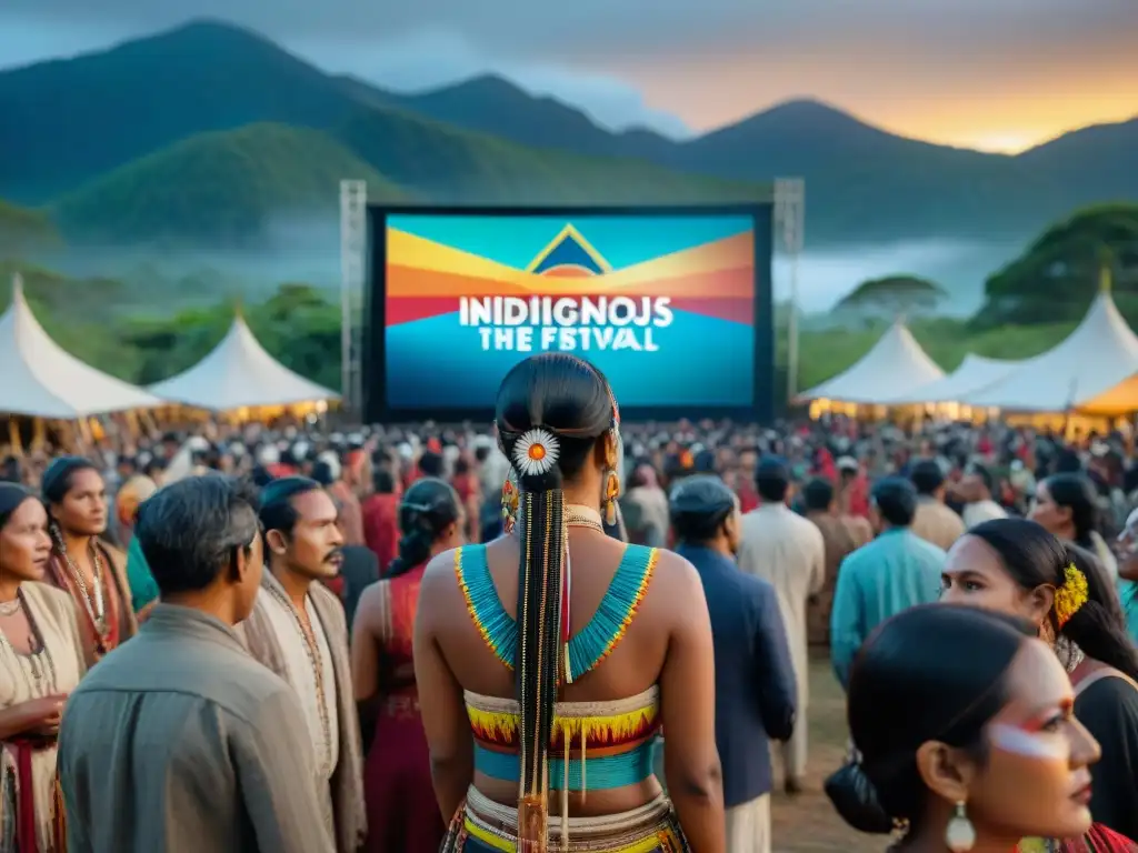 Un vibrante festival de cine indígena bajo las estrellas, con gente diversa disfrutando de películas en pantalla grande