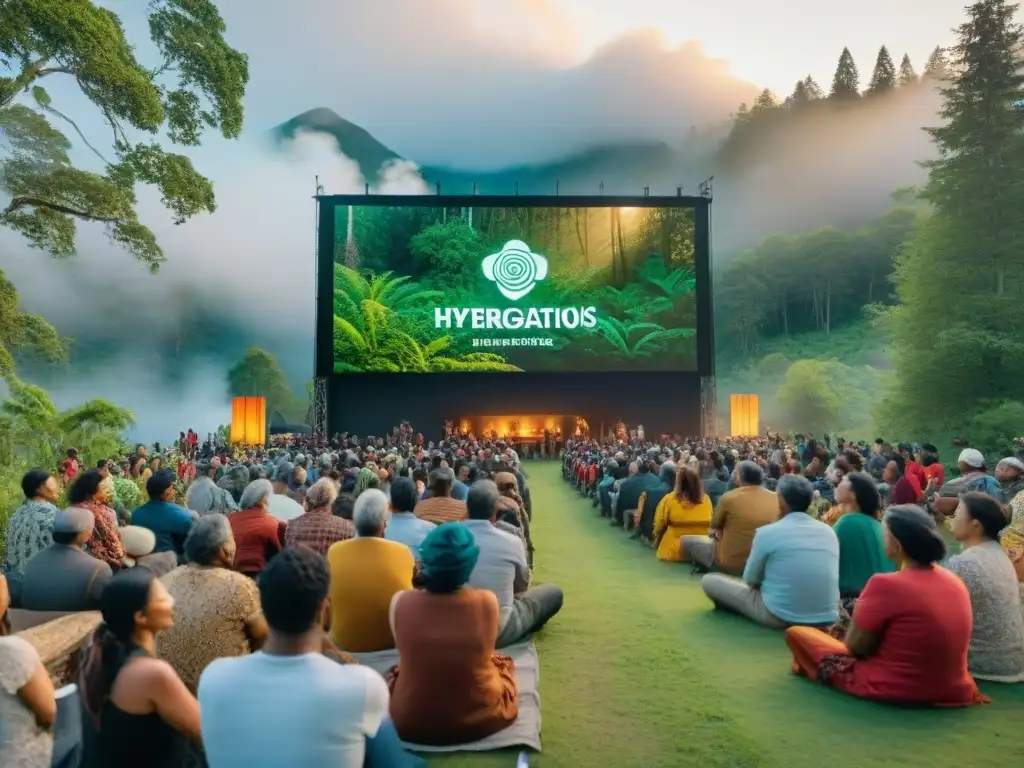 Un vibrante festival de cine indígena en un bosque, con audiencias internacionales disfrutando de una proyección culturalmente significativa