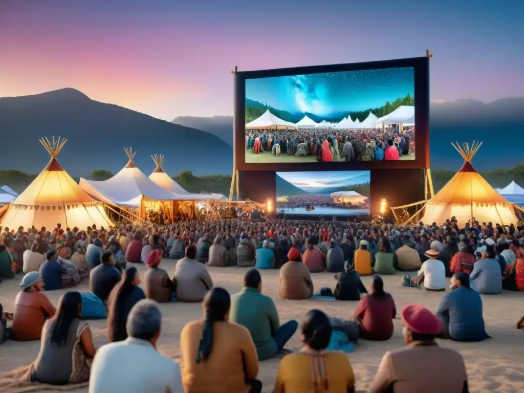 Un vibrante festival de cine indígena, con diverso público viendo una película bajo las estrellas