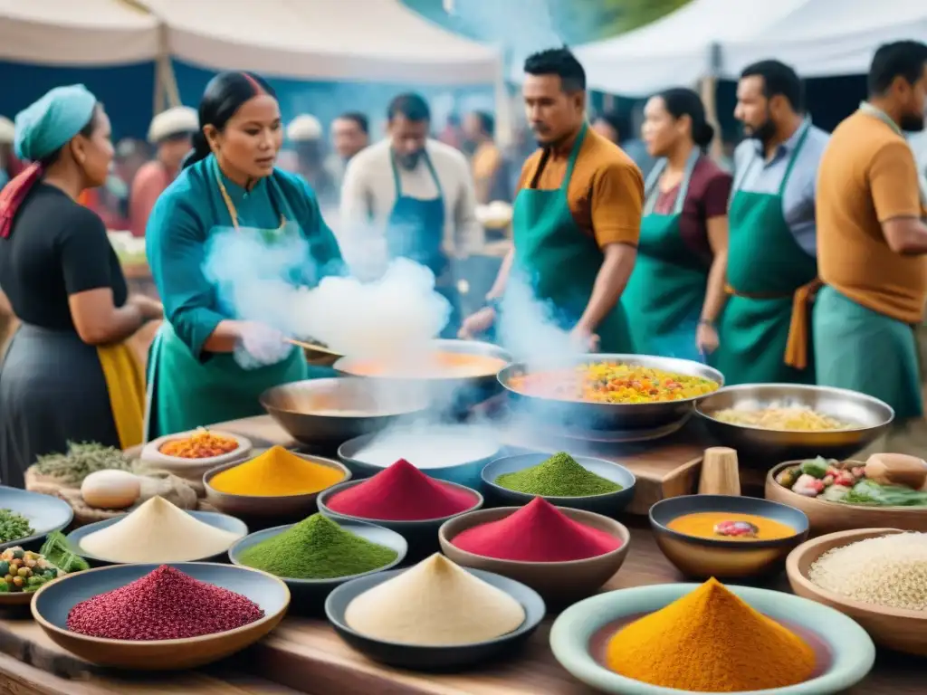 Vibrante festival de cocina indígena con chefs preparando platos coloridos y visitantes fascinados por la cultura culinaria