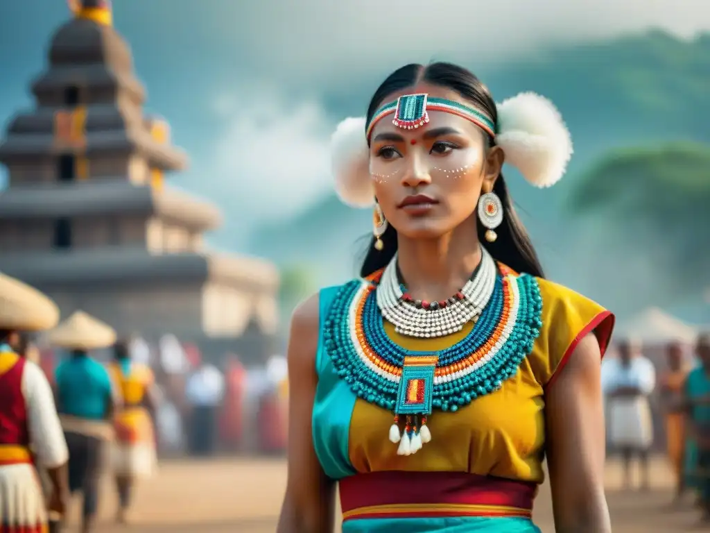 Festival cultural indígena: danzas, colores y tradiciones ancestrales Vibrante festival cultural indígena con danzas tradicionales, coloridos trajes y artesanías, junto a un majestuoso templo antiguo