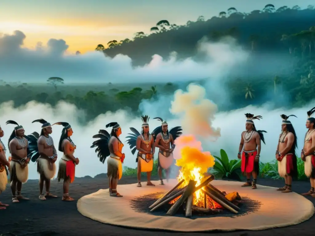 Celebración vibrante de un festival cultural indígena en la selva amazónica al atardecer