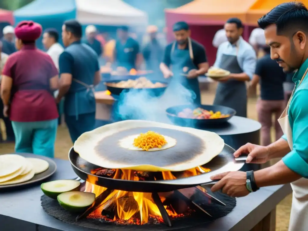 Un vibrante festival gastronómico de cocina indígena, chefs hábiles preparan platillos tradicionales mientras visitantes esperan ansiosos