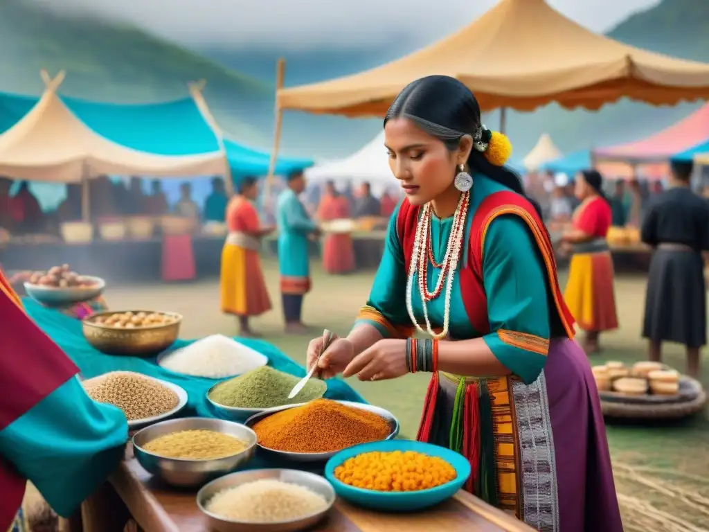 En un vibrante festival gastronómico indígena, la historia cobra vida en torno a la comida y las tradiciones, mientras un anciano cuenta relatos bajo coloridas decoraciones hechas a mano, en un escenario natural impresionante