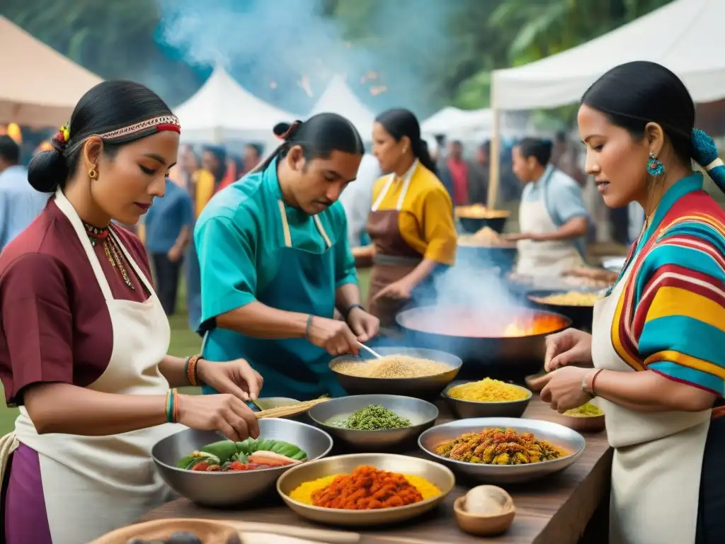 Un vibrante festival gastronómico indígena en las Américas, con chefs preparando coloridos platos y visitantes maravillados