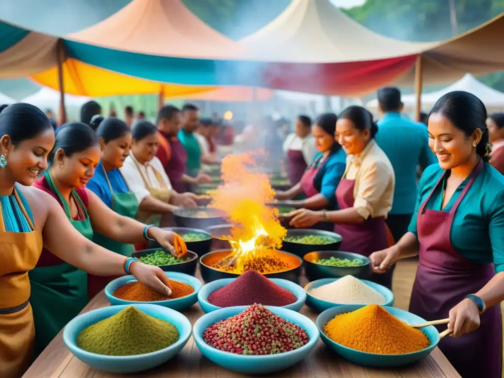 Vibrante festival gastronómico indígena con chefs preparando platos coloridos y visitantes maravillados