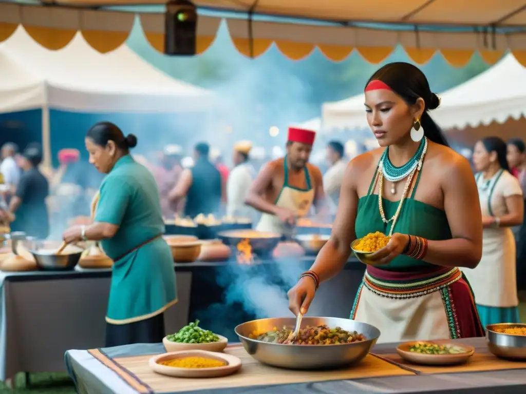 Un vibrante festival gastronómico indígena en América, con puestos de comida coloridos y chefs preparando platos tradicionales