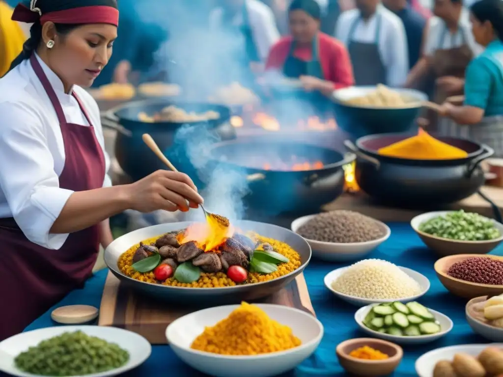 Un vibrante festival gastronómico indígena en las Américas, con chefs locales cocinando tradicionales platos