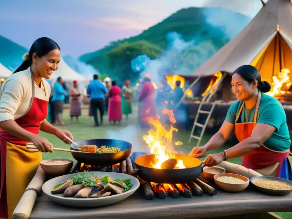 Un vibrante festival gastronómico indígena al aire libre, con chefs preparando platos tradicionales sobre fogatas bajo un cielo estrellado