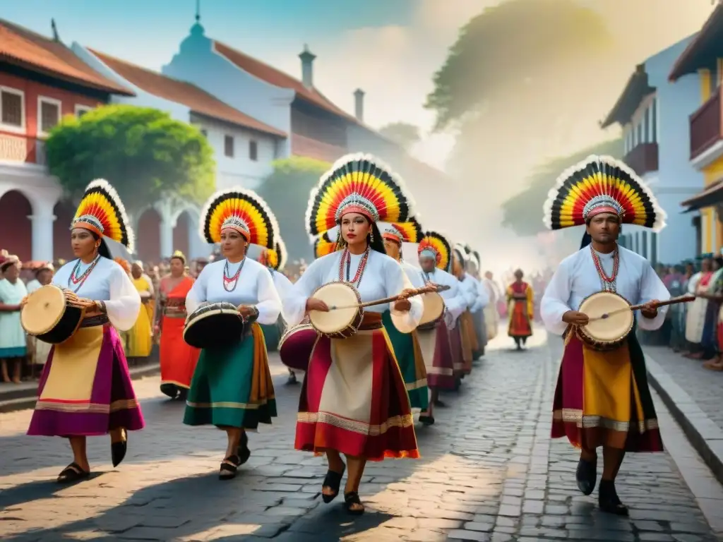 Una vibrante procesión durante un festival indígena, con atuendos tradicionales y sincretismo cultural festividades rituales