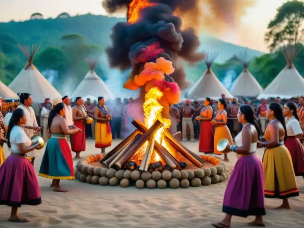 Vibrante festival indígena con baile alrededor de fogata, platos antiguos y música tradicional en la selva