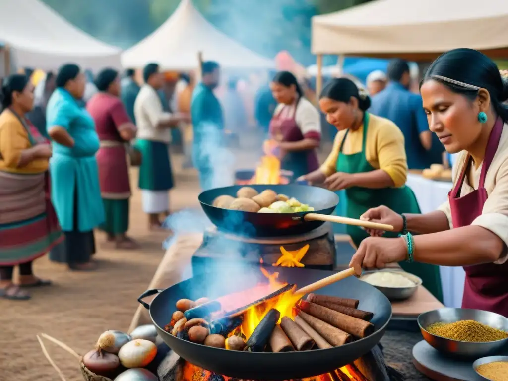 Vibrante festival indígena con chefs cocinando platos antiguos en mercado colorido